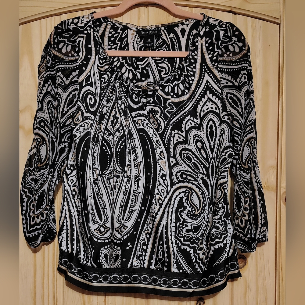 White House Black Market Women's Paisley Semi-sheer Blouse 3/4 in Sleeve Sz 10
